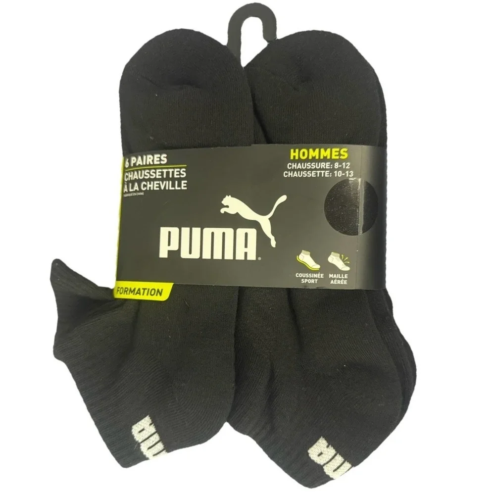 Puma Men's Training Cushioned Black Socks 6 Pairs Quarter‎ Crew Size 10-13 New